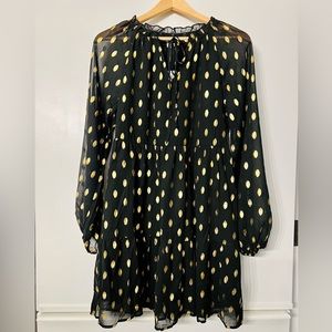 NEW Kirundo Women's Long Sleeve V Neck Ruffle Polka Dot Swing Dress Black Gold S